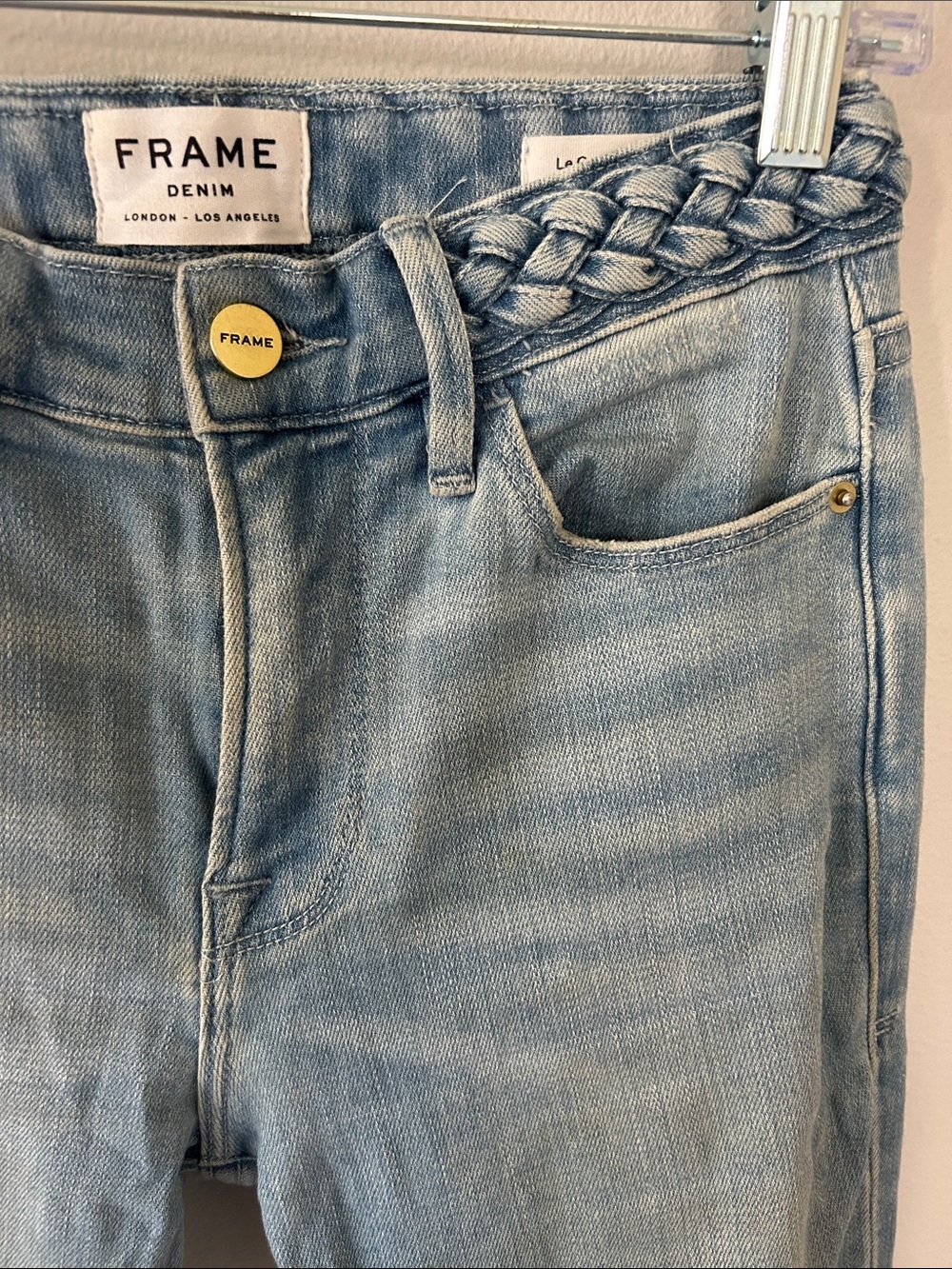 Frame Denim Braided Waist Light Blue Le Crop Mini Boot Jeans Size 24 - Picture 4 of 11
